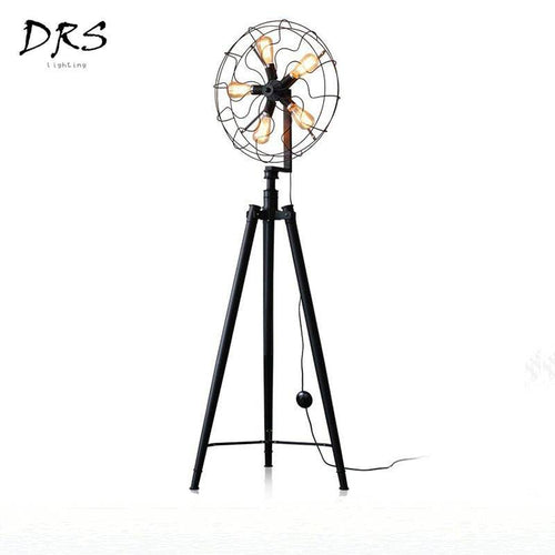 Lampadaire tripode style industriel avec 5 lampes dans cage