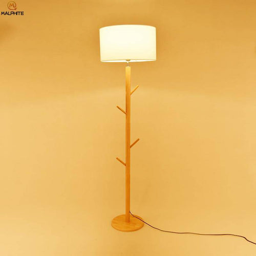 Lampadaire avec abat-jour en tissu et pied en bois à branches
