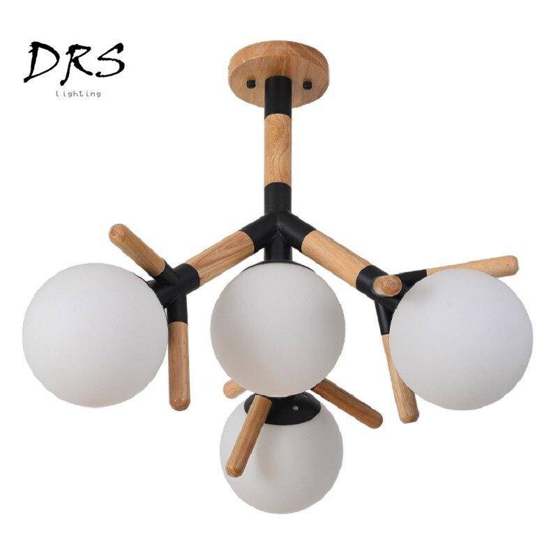 Plafonnier en bois et verre à branches style molécules - vue 8 sur 8