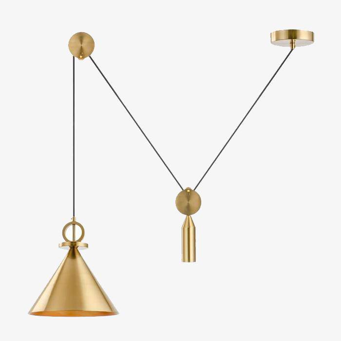 Suspension design dorée à LED avec fil Pulley