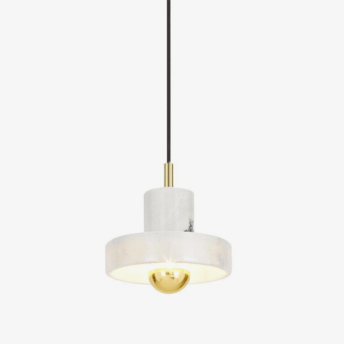 Suspension design LED arrondie dorée et cylindre blanc